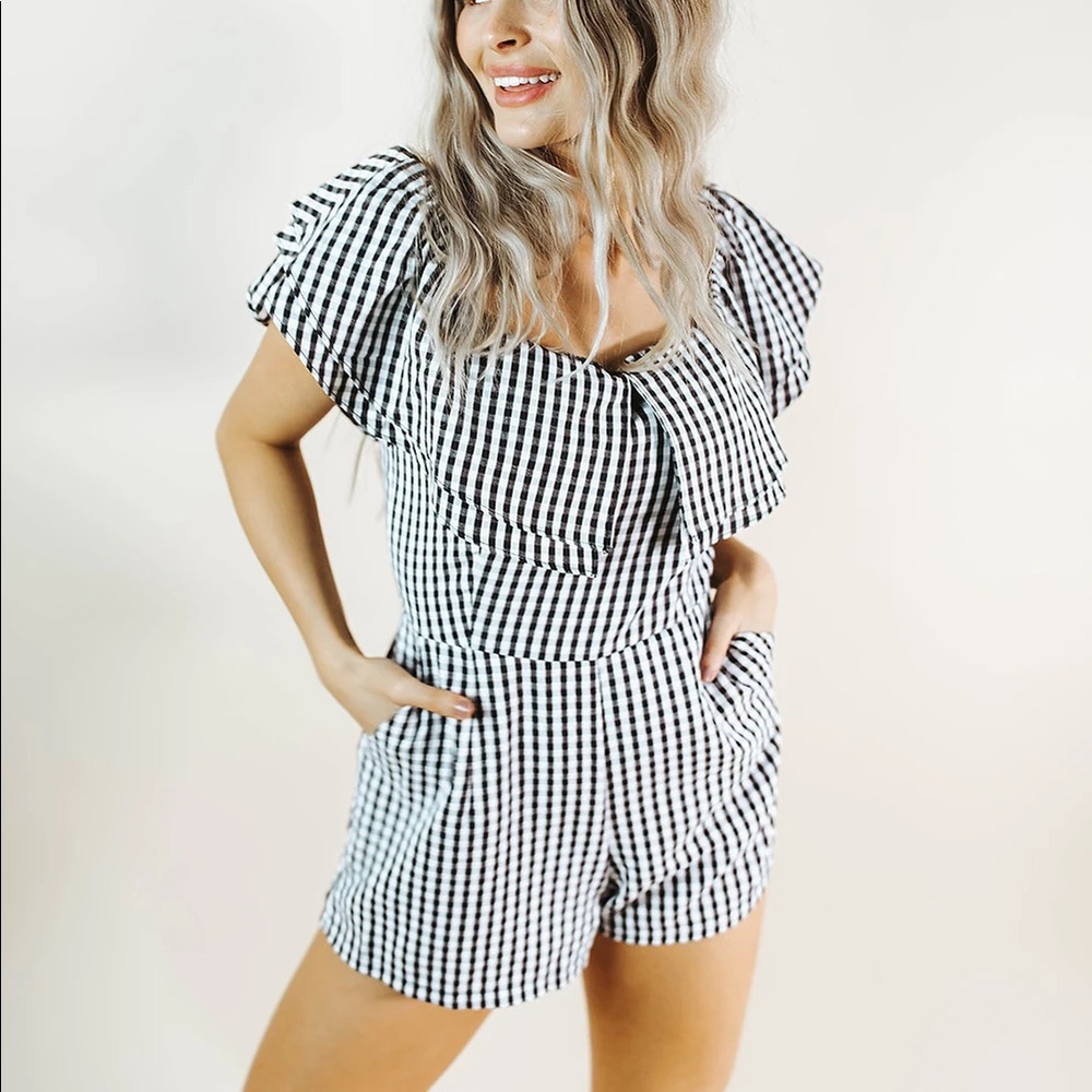 ADELINE GINGHAM OFF SHOULDER ROMPER